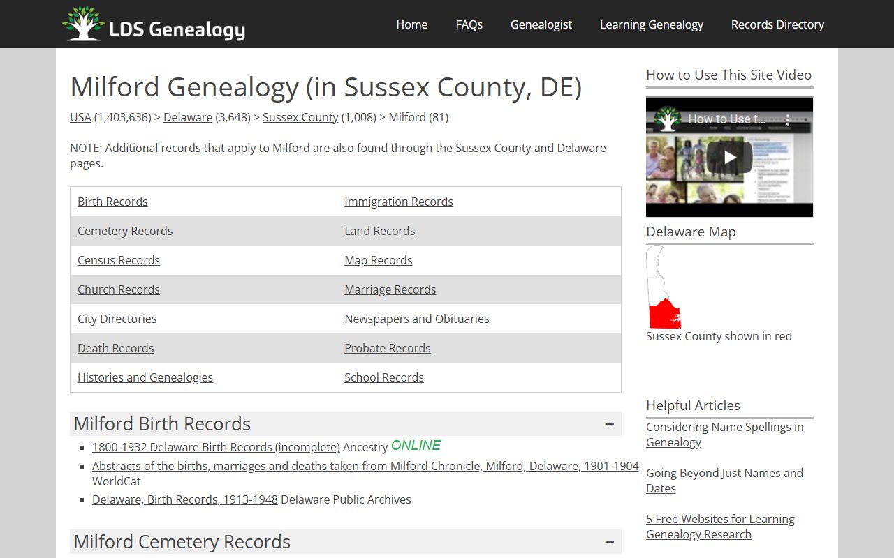 Milford Delaware genealogy resources for probate court records research