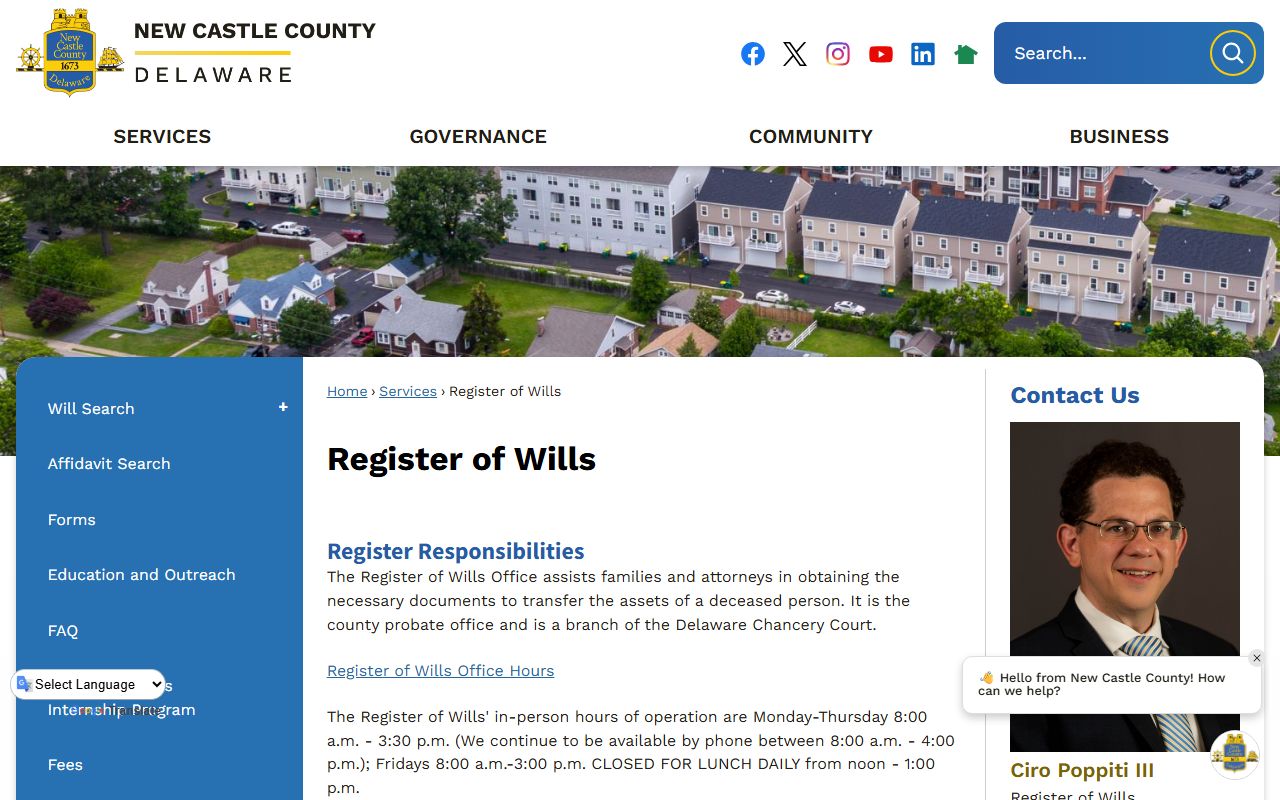 New Castle County Register of Wills office for probate court records