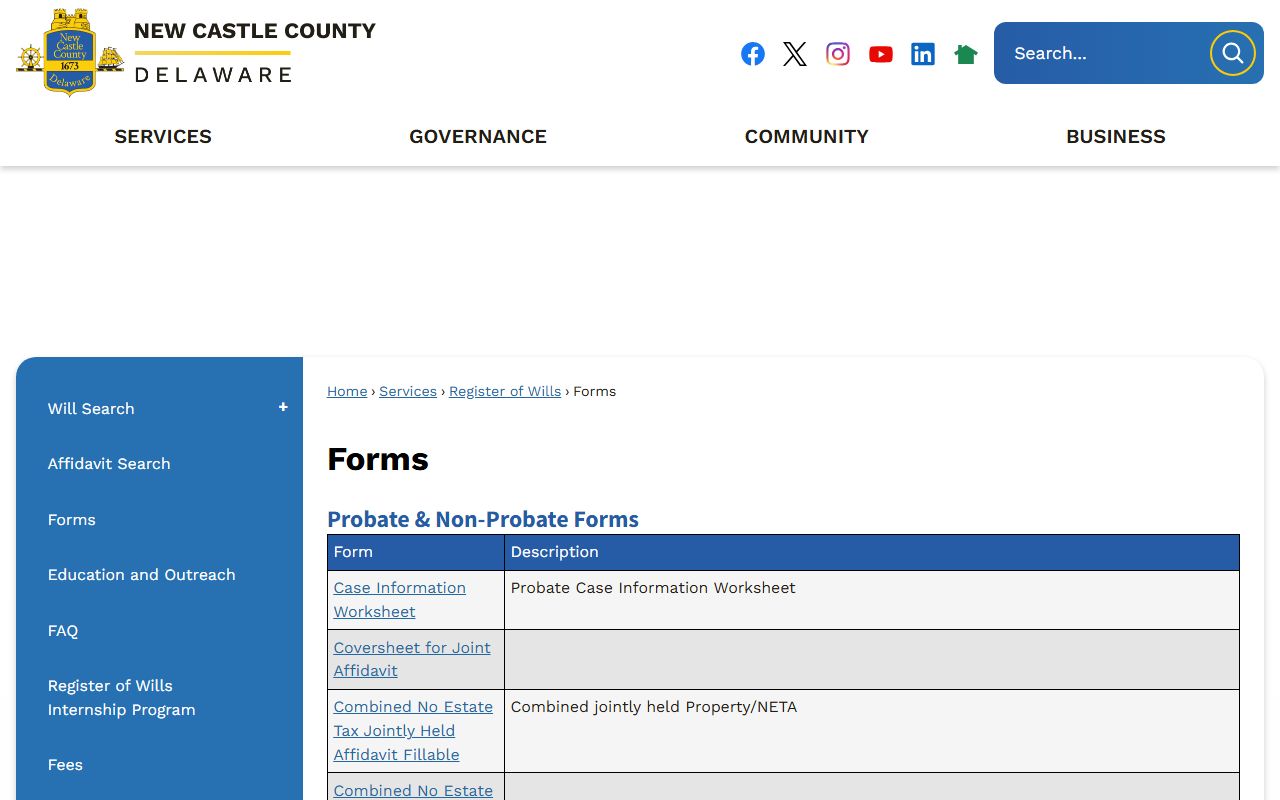 New Castle County Register of Wills forms for probate court records