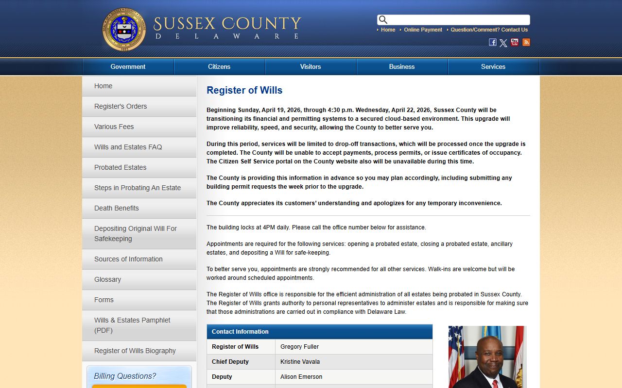 Sussex County Register of Wills for probate court records in Georgetown Delaware