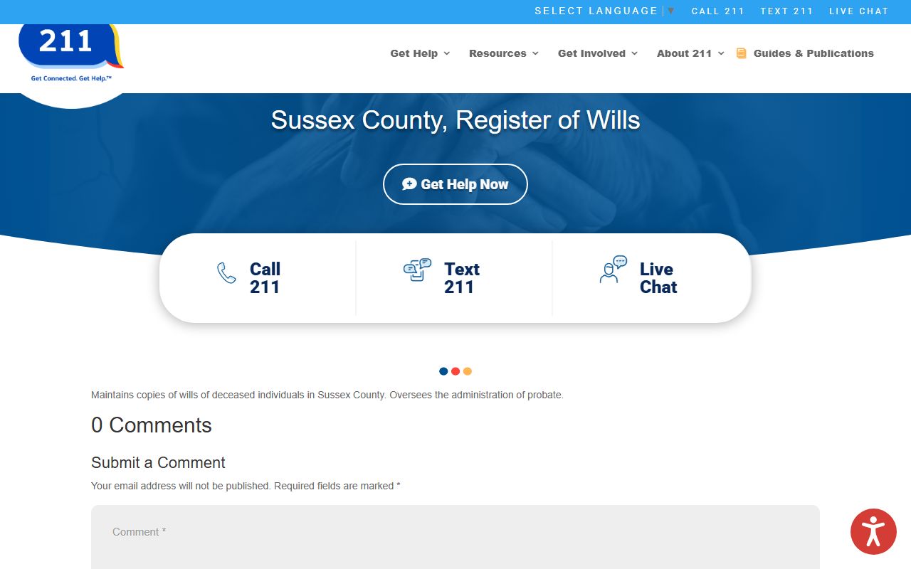 Sussex County 211 resource listing for Register of Wills probate court records