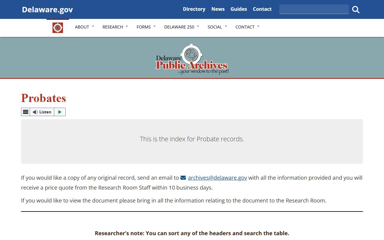 Delaware Public Archives probate court records database