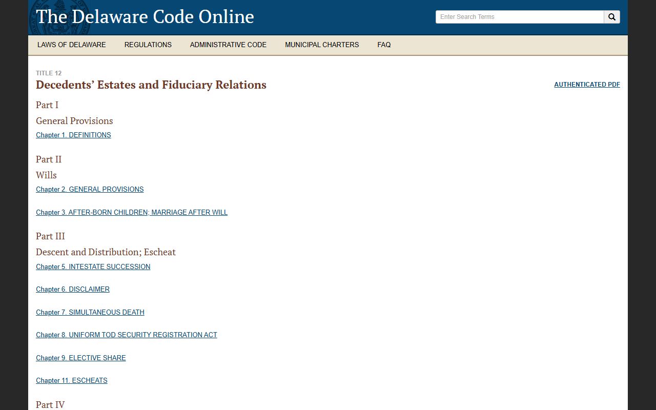 Delaware Title 12 probate code governing probate court records