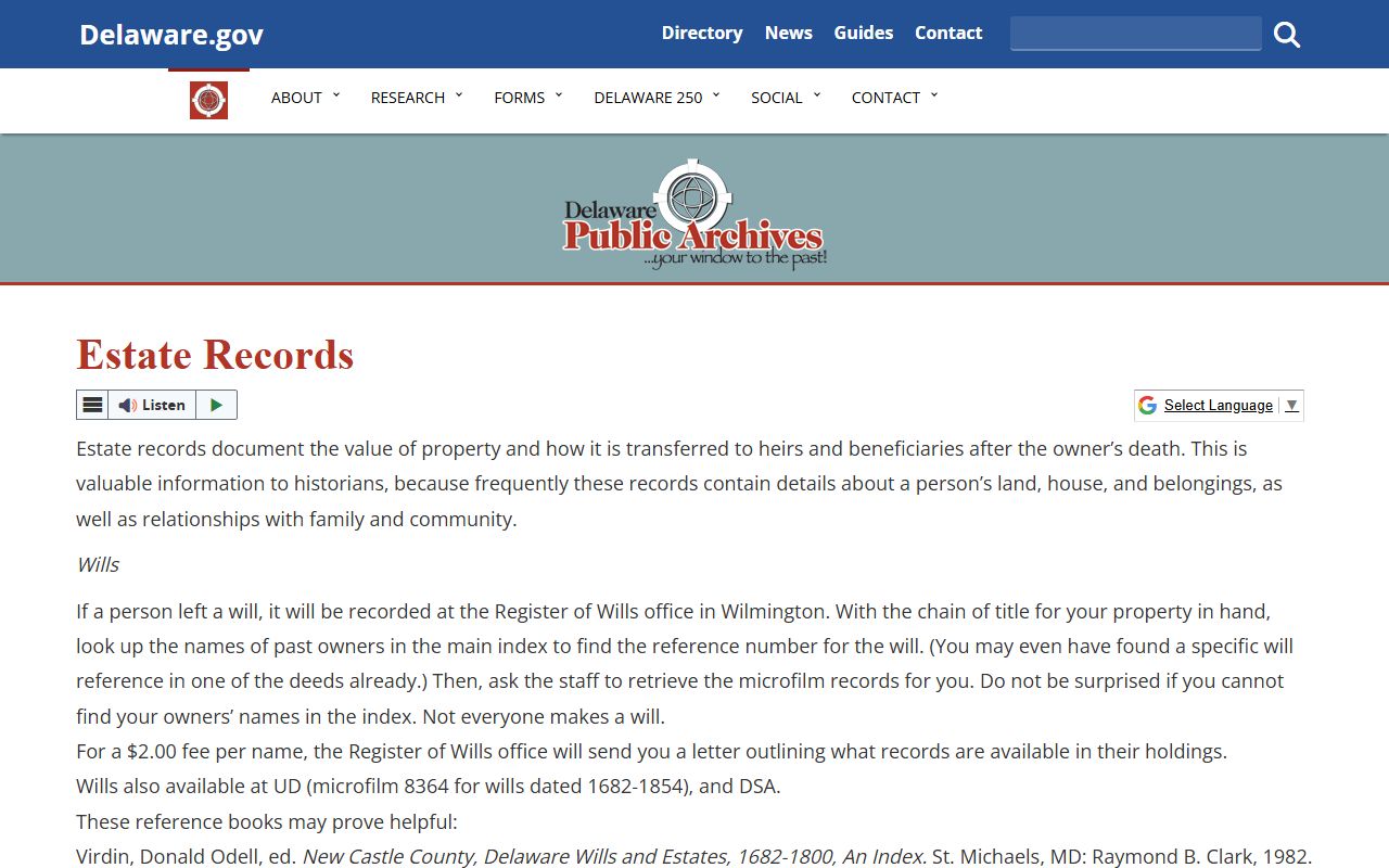 Delaware estate records research guide for probate court records