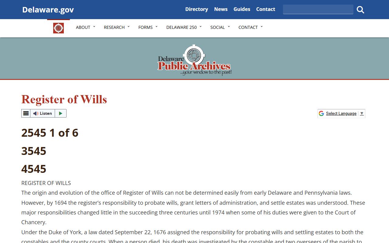 Delaware Register of Wills agency history and probate court records